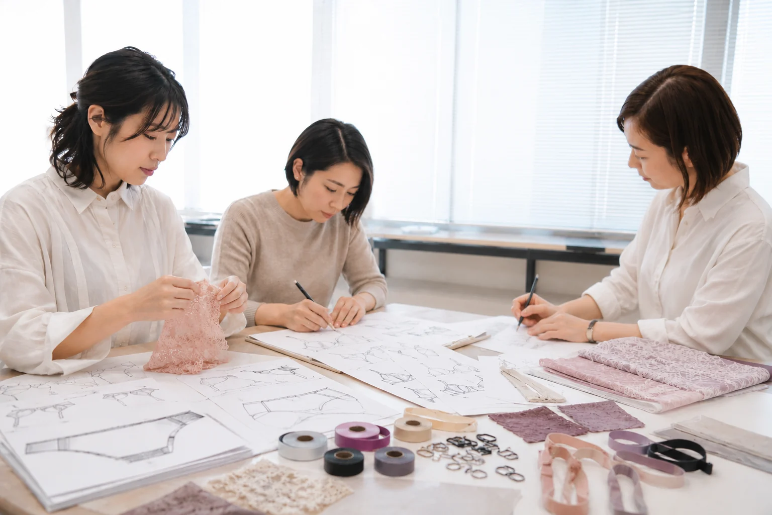 素材やデザイン画を見ながらランジェリー制作を学ぶ様子